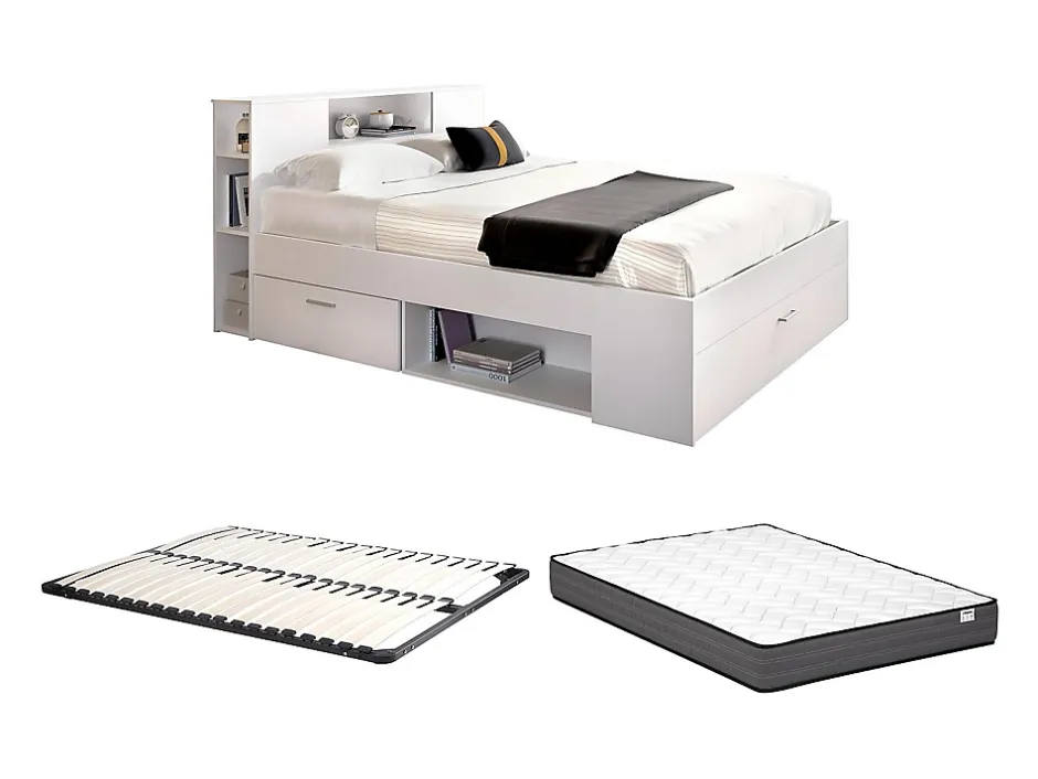 Vente-unique Lit avec tête de lit rangements et tiroirs - 140 x 190 cm - Coloris : Blanc + Sommier + Matelas - LEANDRE Best