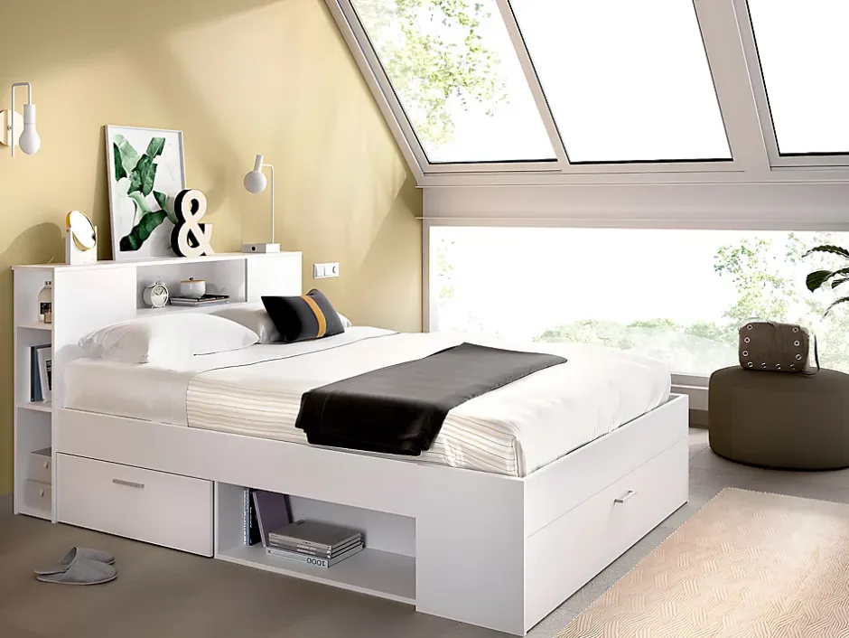Vente-unique Lit avec tête de lit rangements et tiroirs - 140 x 190 cm - Coloris : Blanc + Sommier + Matelas - LEANDRE Best