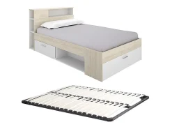 Vente-unique Lit avec tête de lit rangements et tiroir - 120 x 190cm - Coloris : Naturel et blanc + Sommier - LEANDRE