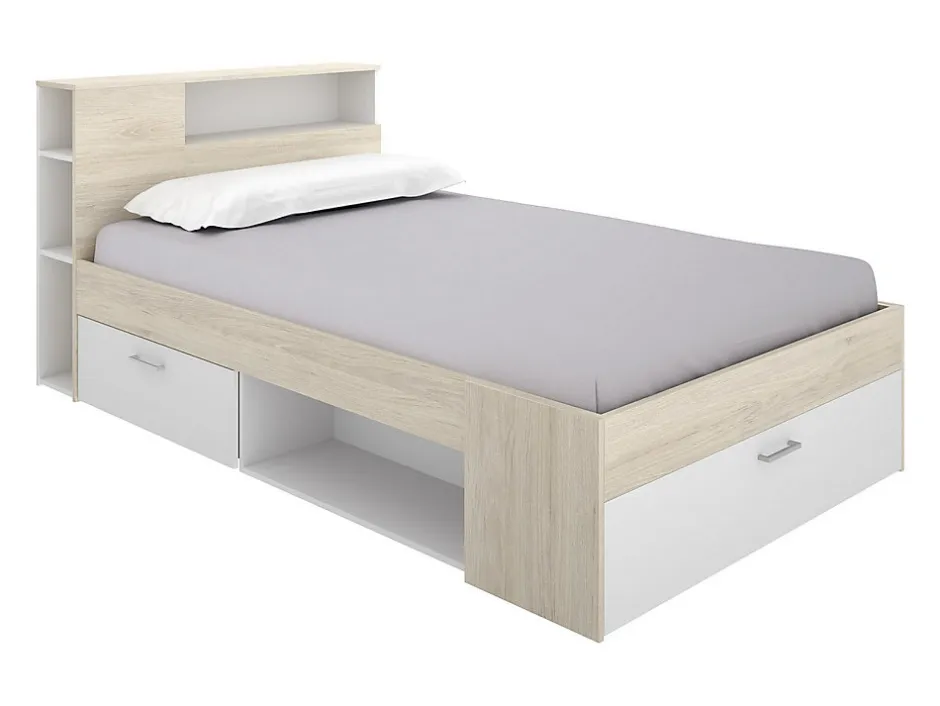 Vente-unique Lit avec tête de lit rangements et tiroir - 120 x 190cm - Coloris : Naturel et blanc + Sommier - LEANDRE