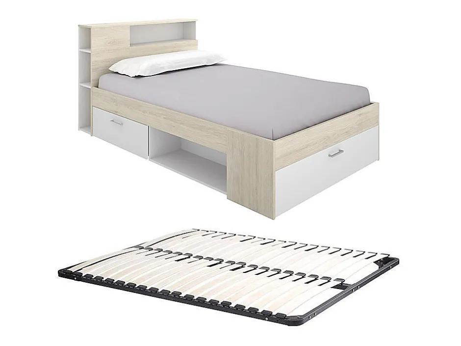 Vente-unique Lit avec tête de lit rangements et tiroir - 120 x 190cm - Coloris : Naturel et blanc + Sommier - LEANDRE