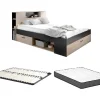 Vente-unique Lit avec tête de lit rangements et tiroirs - 160 x 200 cm - Coloris : Naturel et anthracite + Sommier + Matelas - LEANDRE