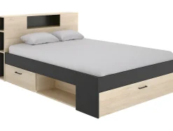 Vente-unique Lit avec tête de lit rangements et tiroirs - 160 x 200 cm - Coloris : Naturel et anthracite + Sommier + Matelas - LEANDRE