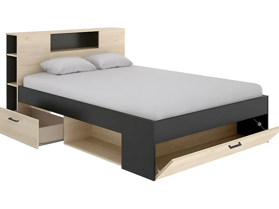 Vente-unique Lit avec tête de lit rangements et tiroirs - 160 x 200 cm - Coloris : Naturel et anthracite + Sommier + Matelas - LEANDRE