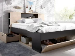 Vente-unique Lit avec tête de lit rangements et tiroirs - 160 x 200 cm - Coloris : Naturel et anthracite + Sommier + Matelas - LEANDRE