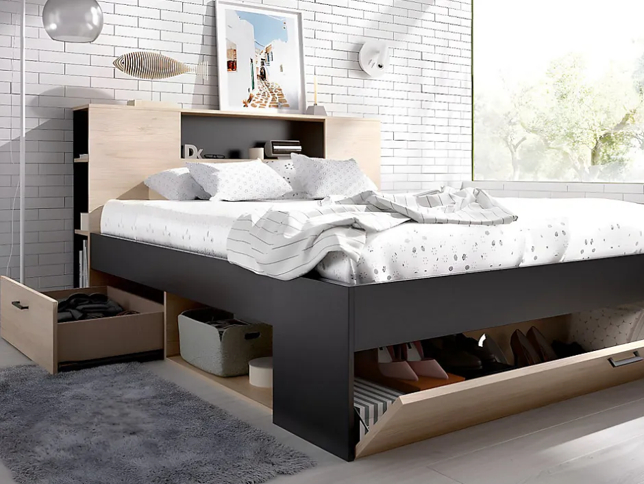 Vente-unique Lit avec tête de lit rangements et tiroirs - 160 x 200 cm - Coloris : Naturel et anthracite + Sommier + Matelas - LEANDRE