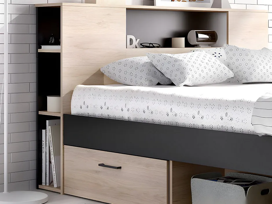 Vente-unique Lit avec tête de lit rangements et tiroirs - 160 x 200 cm - Coloris : Naturel et anthracite + Sommier + Matelas - LEANDRE