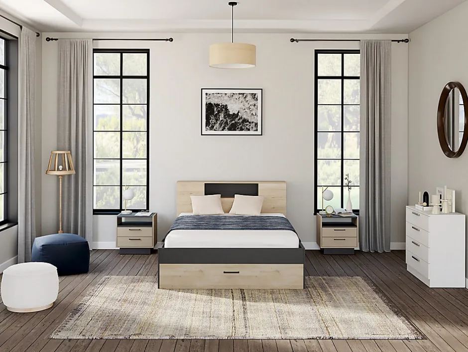 Vente-unique Lit avec tête de lit rangements et tiroirs - 160 x 200 cm - Coloris : Naturel et anthracite + Sommier + Matelas - LEANDRE