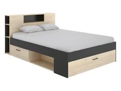 Vente-unique Lit avec tête de lit rangements et tiroirs - 160 x 200cm - Coloris : Naturel et anthracite - LEANDRE