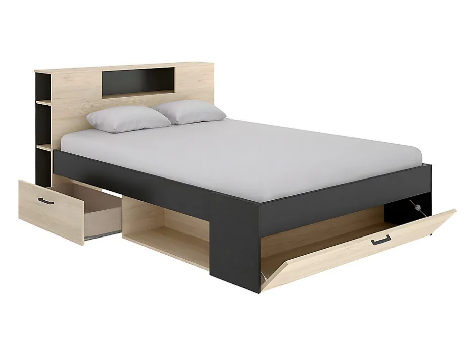 Vente-unique Lit avec tête de lit rangements et tiroirs - 160 x 200cm - Coloris : Naturel et anthracite - LEANDRE