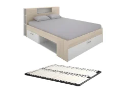Vente-unique Lit avec tête de lit rangements et tiroirs - 140 x 190 cm - Coloris : Naturel et blanc + Sommier - LEANDRE Best