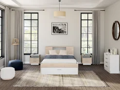 Vente-unique Lit avec tête de lit rangements et tiroirs - 140 x 190 cm - Coloris : Naturel et blanc + Sommier - LEANDRE Best