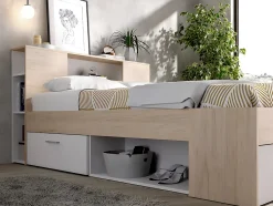 Vente-unique Lit avec tête de lit rangements et tiroirs - 140 x 190 cm - Coloris : Naturel et blanc + Sommier - LEANDRE Best