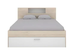 Vente-unique Lit avec tête de lit rangements et tiroirs - 140 x 190 cm - Coloris : Naturel et blanc + Sommier - LEANDRE Best