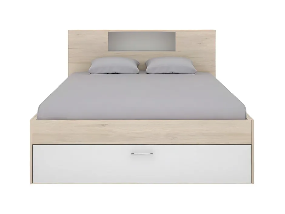 Vente-unique Lit avec tête de lit rangements et tiroirs - 140 x 190 cm - Coloris : Naturel et blanc + Sommier - LEANDRE Best