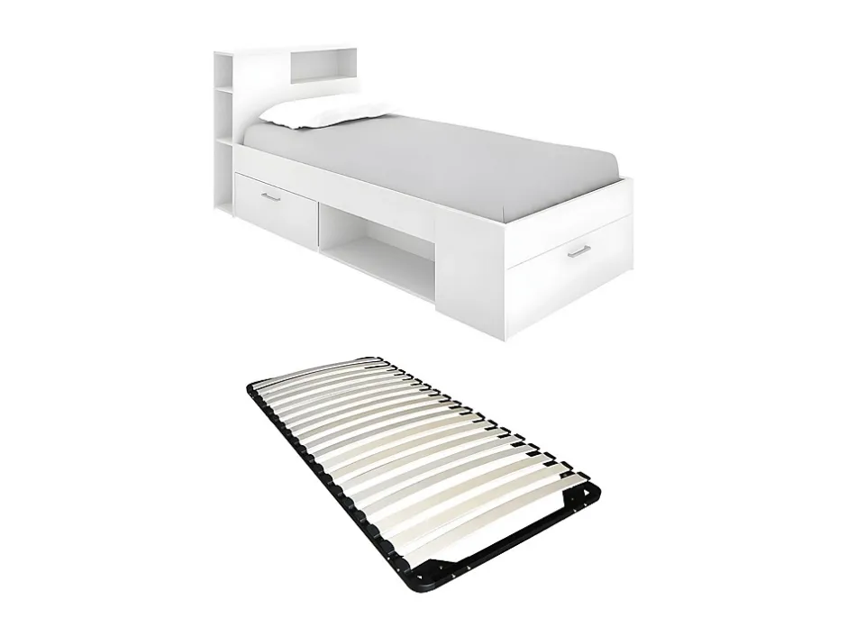 Vente-unique Lit avec tête de lit rangements et tiroir - 90 x 190 cm - Blanc + Sommier - LEANDRE Online