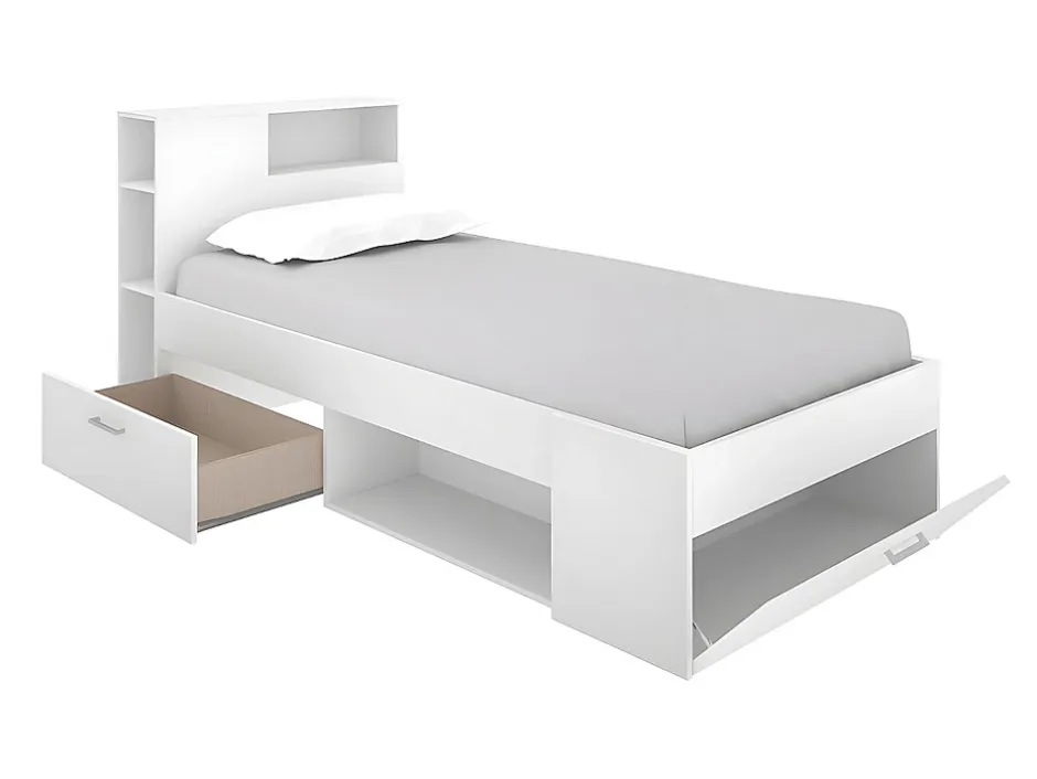 Vente-unique Lit avec tête de lit rangements et tiroir - 90 x 190 cm - Blanc + Sommier - LEANDRE Online