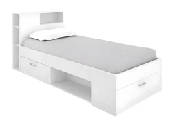 Vente-unique Lit avec tête de lit rangements et tiroir - 90 x 190 cm - Blanc + Sommier - LEANDRE Online