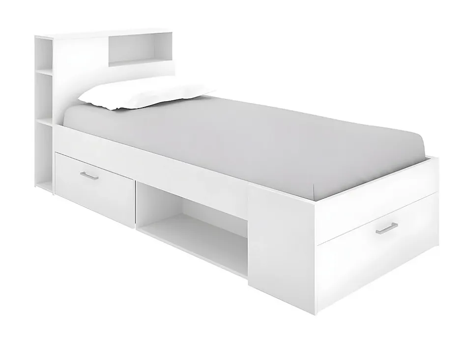 Vente-unique Lit avec tête de lit rangements et tiroir - 90 x 190 cm - Blanc + Sommier - LEANDRE Online