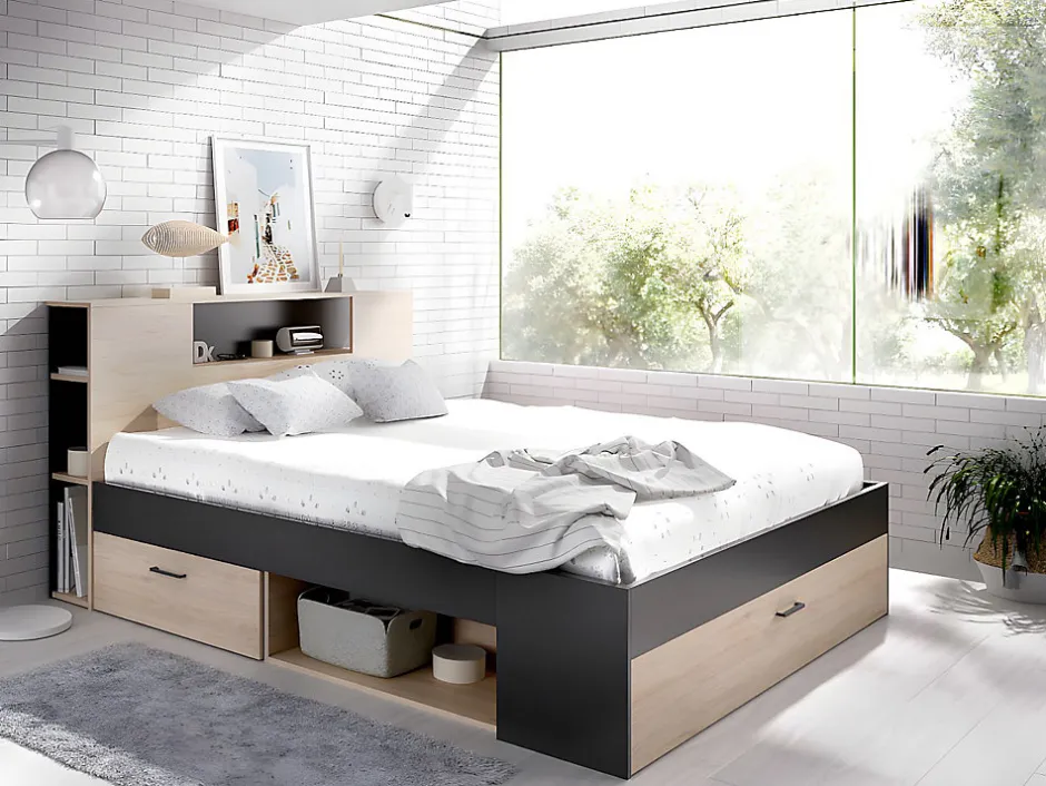 Vente-unique Lit avec tête de lit rangements et tiroir - 90 x 190 cm - Blanc et Naturel + Sommier - LEANDRE
