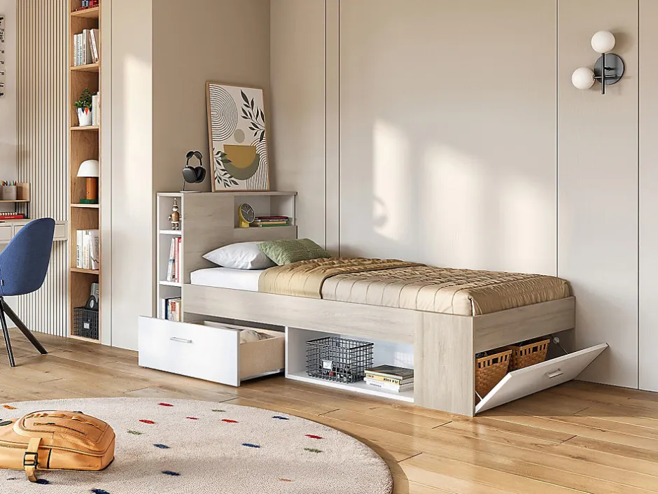 Vente-unique Lit avec tête de lit rangements et tiroir - 90 x 190 cm - Blanc et Naturel + Sommier - LEANDRE