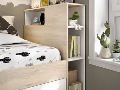 Vente-unique Lit avec tête de lit rangements et tiroir - 90 x 190 cm - Blanc et Naturel + Sommier - LEANDRE