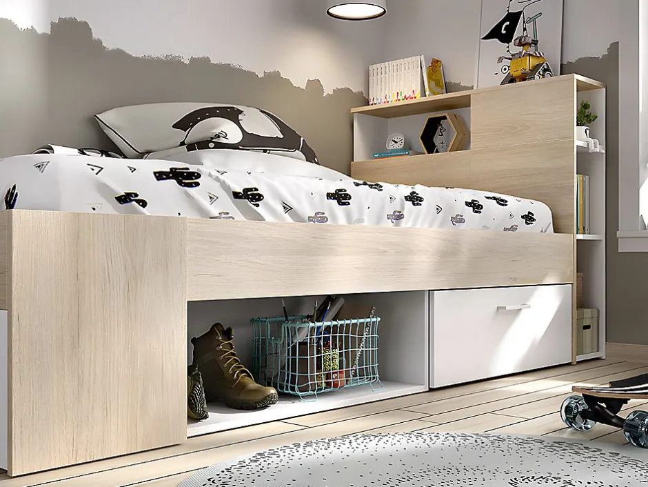 Vente-unique Lit avec tête de lit rangements et tiroir - 90 x 190 cm - Blanc et Naturel + Sommier - LEANDRE