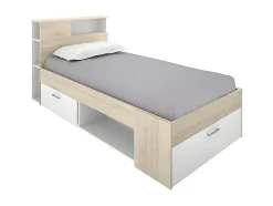 Vente-unique Lit avec tête de lit rangements et tiroir - 90 x 190 cm - Blanc et Naturel + Sommier - LEANDRE