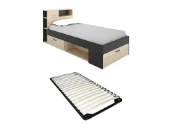 Vente-unique Lit avec tête de lit rangements et tiroir - 90 x 190 cm - Anthracite et naturel + Sommier - LEANDRE