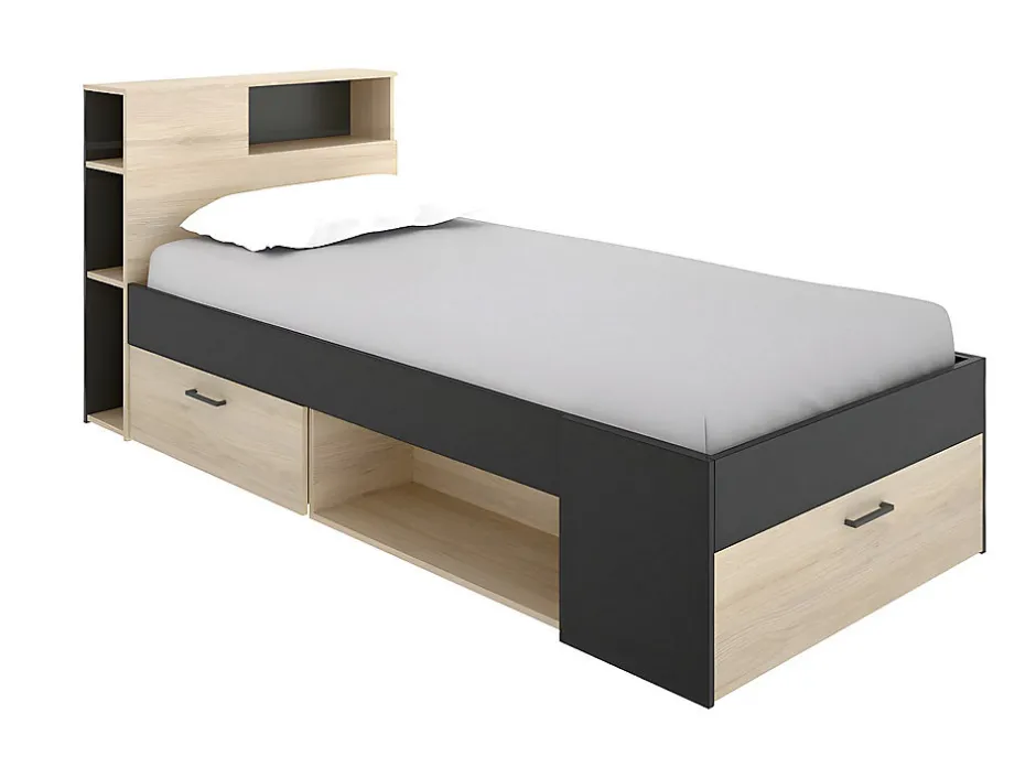 Vente-unique Lit avec tête de lit rangements et tiroir - 90 x 190 cm - Anthracite et naturel + Sommier - LEANDRE