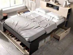 Vente-unique Lit avec tête de lit rangements et tiroirs - 140 x 190 cm - Coloris : Naturel et anthracite - LEANDRE