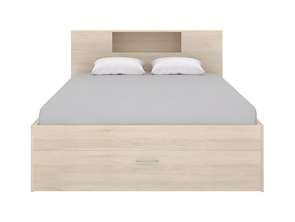 Vente-unique Lit avec tête de lit rangements et tiroirs - 160 x 200 cm - Coloris : Naturel + Sommier - LEANDRE Clearance