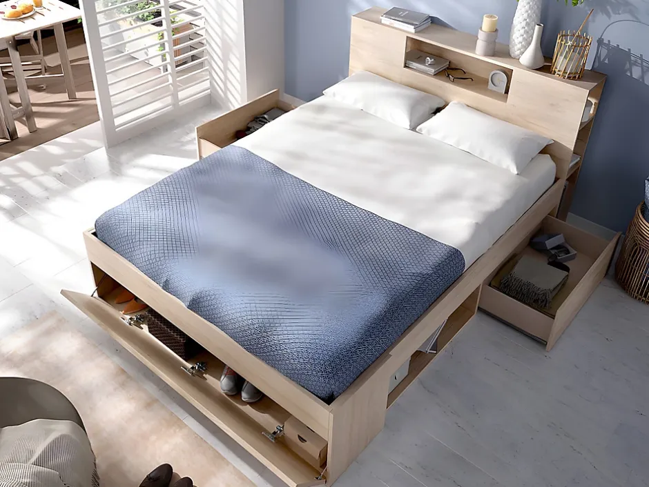 Vente-unique Lit avec tête de lit rangements et tiroirs - 160 x 200 cm - Coloris : Naturel + Sommier - LEANDRE Clearance