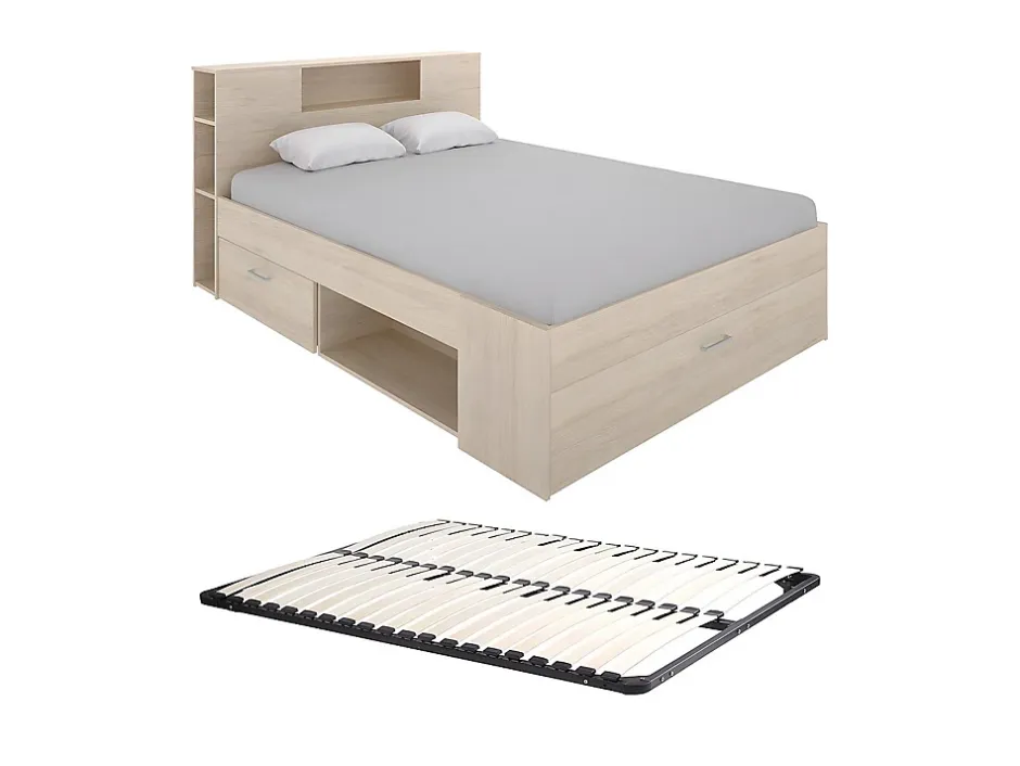 Vente-unique Lit avec tête de lit rangements et tiroirs - 160 x 200 cm - Coloris : Naturel + Sommier - LEANDRE Clearance