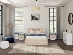 Vente-unique Lit avec tête de lit rangements et tiroirs - 160 x 200 cm - Coloris : Naturel + Sommier - LEANDRE Clearance