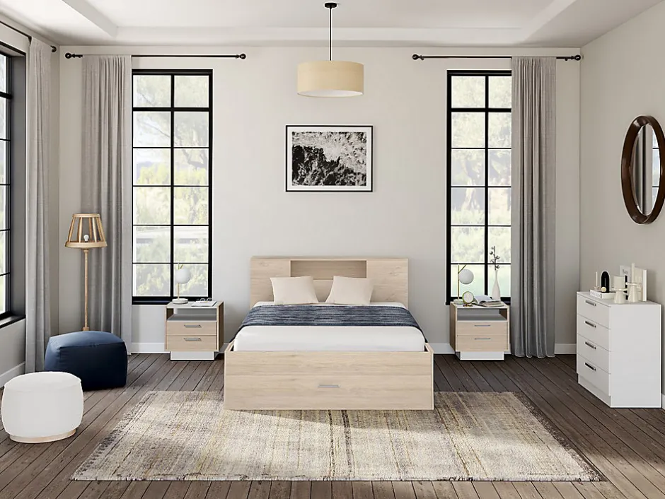 Vente-unique Lit avec tête de lit rangements et tiroirs - 160 x 200 cm - Coloris : Naturel + Sommier - LEANDRE Clearance