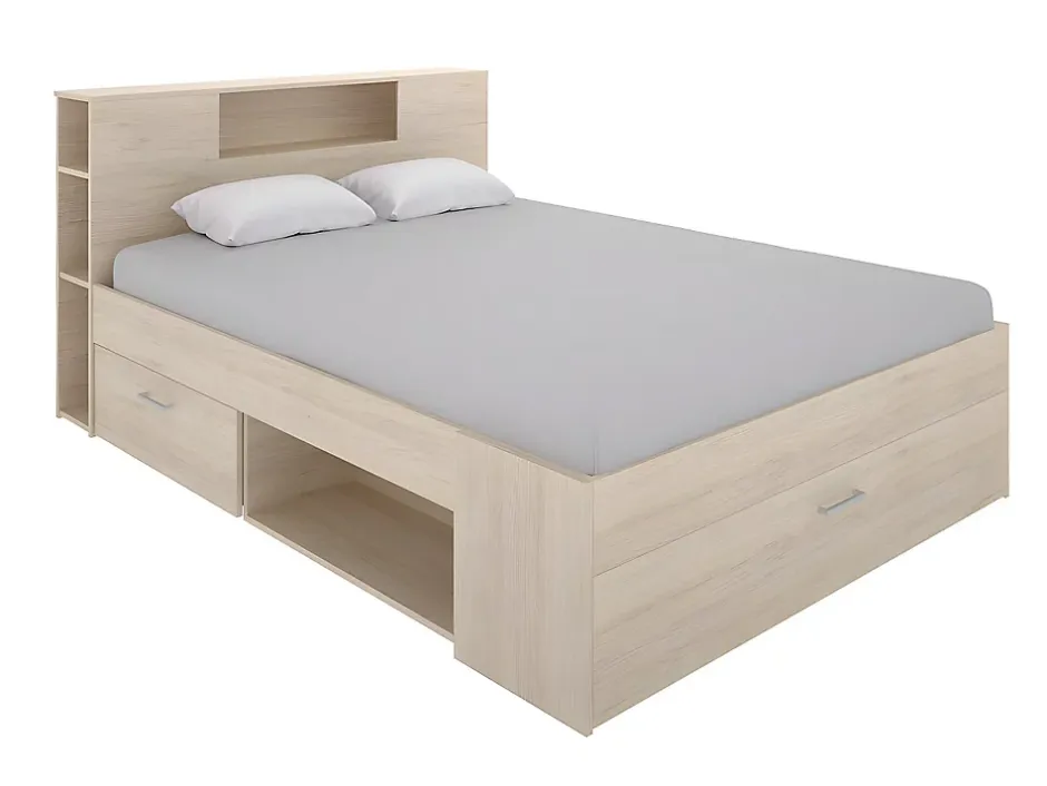 Vente-unique Lit avec tête de lit rangements et tiroirs - 160 x 200 cm - Coloris : Naturel + Sommier - LEANDRE Clearance