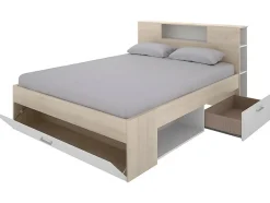 Vente-unique Lit avec tête de lit rangements et tiroirs - 160 x 200 cm - Coloris : Naturel et blanc + Sommier + Matelas - LEANDRE