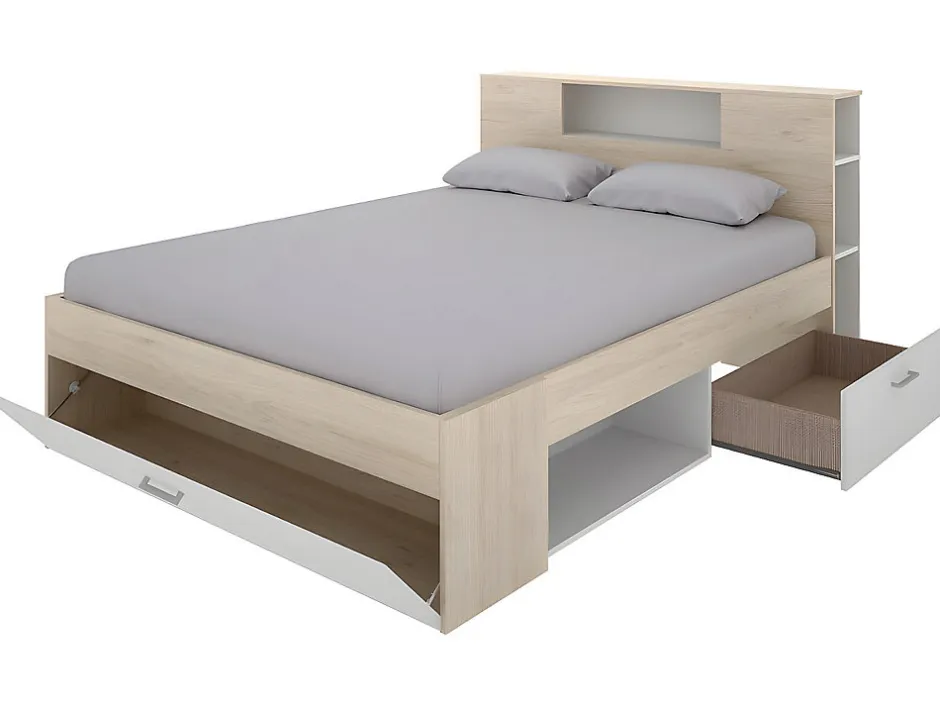 Vente-unique Lit avec tête de lit rangements et tiroirs - 160 x 200 cm - Coloris : Naturel et blanc + Sommier + Matelas - LEANDRE