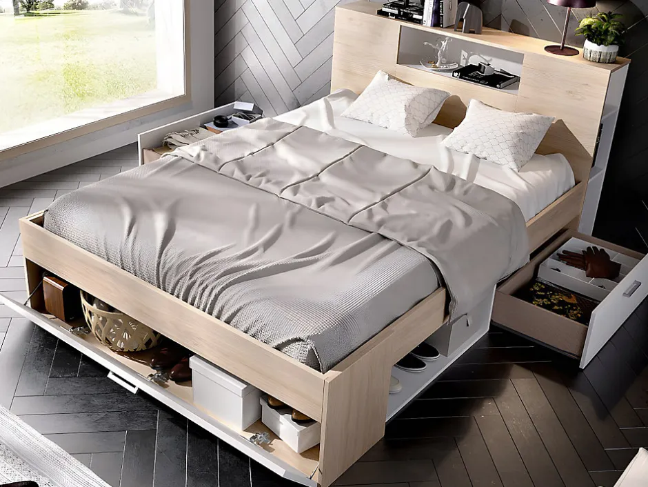 Vente-unique Lit avec tête de lit rangements et tiroirs - 160 x 200 cm - Coloris : Naturel et blanc + Sommier + Matelas - LEANDRE