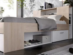 Vente-unique Lit avec tête de lit rangements et tiroirs - 160 x 200 cm - Coloris : Naturel et blanc + Sommier + Matelas - LEANDRE