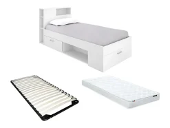 Vente-unique Lit avec tête de lit rangements et tiroir - 90 x 190 cm - Blanc + matelas + sommier - LEANDRE