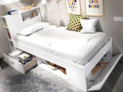 Vente-unique Lit avec tête de lit rangements et tiroir - 90 x 190 cm - Blanc + matelas + sommier - LEANDRE