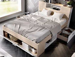 Vente-unique Lit avec tête de lit rangements et tiroirs - 160 x 200 cm - Coloris : Naturel et blanc - LEANDRE