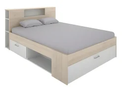 Vente-unique Lit avec tête de lit rangements et tiroirs - 160 x 200 cm - Coloris : Naturel et blanc - LEANDRE
