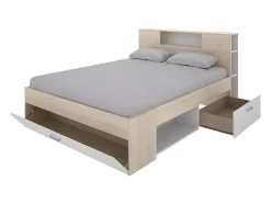 Vente-unique Lit avec tête de lit rangements et tiroirs - 160 x 200 cm - Coloris : Naturel et blanc - LEANDRE