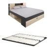Vente-unique Lit avec tête de lit rangements et tiroirs - 160 x 200 cm - Coloris : Naturel et anthracite + Sommier - LEANDRE