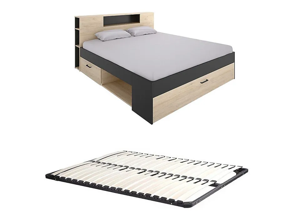 Vente-unique Lit avec tête de lit rangements et tiroirs - 160 x 200 cm - Coloris : Naturel et anthracite + Sommier - LEANDRE