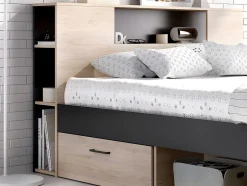 Vente-unique Lit avec tête de lit rangements et tiroirs - 160 x 200 cm - Coloris : Naturel et anthracite + Sommier - LEANDRE