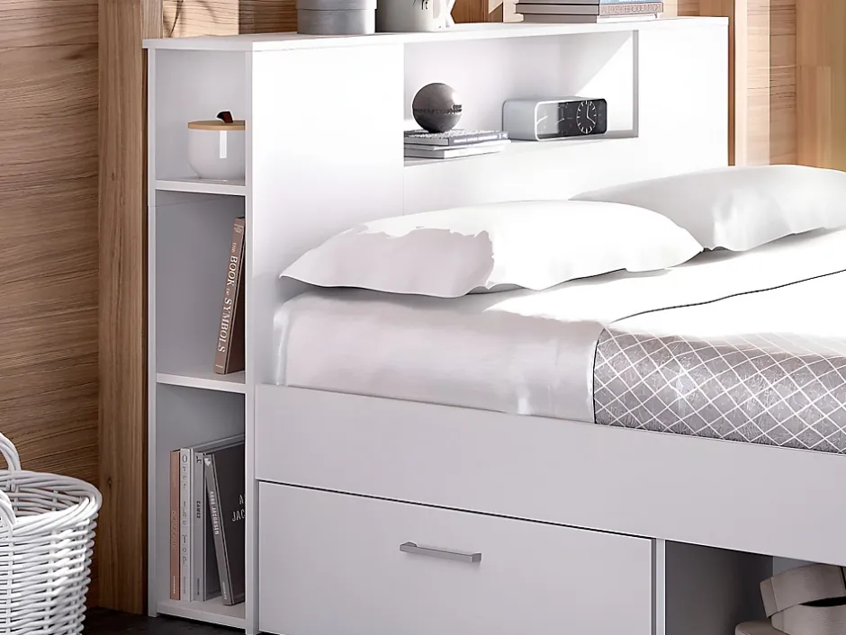 Vente-unique Lit avec tête de lit rangements et tiroirs - 160 x 200 cm - Coloris : Blanc + Sommier - LEANDRE Hot